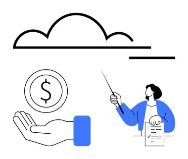 Bulut grafiği, dolar parası, işaretleyici ile sunulan figür ve belge. Finans, tasarruf, bulut teknolojisi, iş stratejisi, eğitim, takım çalışması için ideal basit iniş sayfası