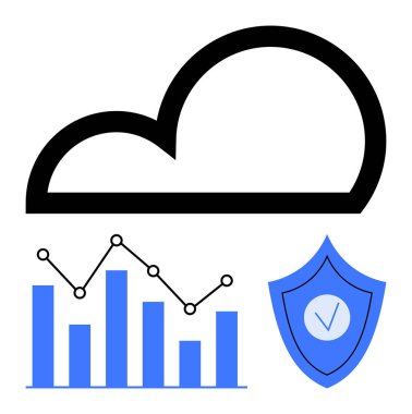 Siyah bulut simgesi, mavi çizgi grafiği ve işaretli kalkan. Veri güvenliği, bulut hesaplama, analitik, bilişim çözümleri, siber güvenlik, ağ güvenliği basit iniş sayfası için ideal