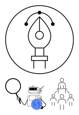 Kalem aracı simgesi çevrili, robotik kol büyüteç ve mavi para ile analiz ediliyor, aşağıdaki grup hiyerarşi yapısı. AI, tasarım, analiz, teknoloji, finans, takım çalışması yenilik temaları için ideal
