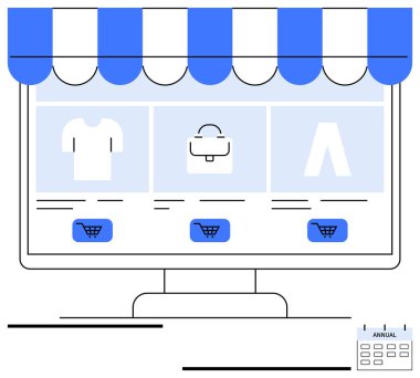 Çizgili bir vitrin tentesinin altında gömlek, çanta ve pantolon satın alma düğmeleri var. Çevrimiçi perakende satış, alışveriş, e-ticaret, girişimcilik, teknoloji ve pazarlama sektörü için ideal
