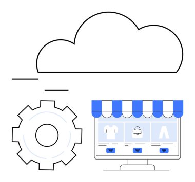 Monitörde bulut, vites ve mağaza önü dijital e-ticaret, otomasyon, bulut hesaplama, çevrimiçi alışveriş, mağaza yönetimi, teknolojik yenilik ve basit bir iniş sayfasını vurguluyor