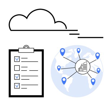 Bulut simgesi, listeli pano, merkezi bir iş merkezine bağlı konum işaretleyicili dünya. Bulut depolama, küresel pazarlama, görev izleme, lojistik, bağlantı, teknoloji için ideal