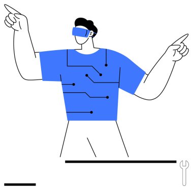 Sanal simgelere doğru hareket eden mavi devre desenli tişörtlü VR kulaklık takan şahıs. Teknoloji, yenilik, sanal gerçeklik, gelişme, etkileşim, yaratıcılık, basit
