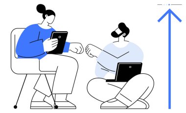 Bir tablet ve dizüstü bilgisayarlı iki kişi fikirleri tartışırken yumruk tokuşturuyor. Yenilik, takım çalışması, dijital işbirliği, profesyonel büyüme, uzaktan çalışma, strateji, basit iniş sayfası için ideal