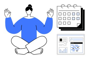 Nilüfer çiçeğiyle meditasyon yapan kişi takvim ve veri arayüzü ile poz verir. Zaman yönetimi, odaklanma, farkındalık, üretkenlik, iş hayatı dengesi, sakin iş yeri, basit iniş sayfası için ideal