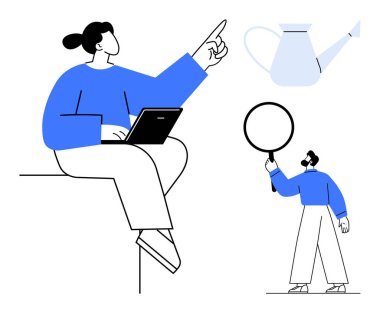 Diz üstü bilgisayarı yukarıyı gösteren bir kadın ve sulama kutusunun yanında büyüteçle inceleme yapan bir adam. Eğitim, takım çalışması, yenilik, araştırma, yaratıcılık, teknoloji, basit iniş sayfası için ideal