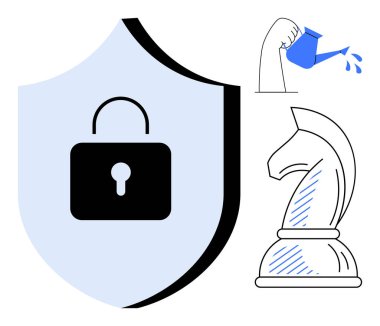 Kilitli kalkan güvenliği sağlar. Satranç şövalyesi stratejik planı sembolize eder. El sulama bitkisi büyümeyi ön plana çıkarır. Siber güvenlik, risk, iş geliştirme ve yenilik için ideal