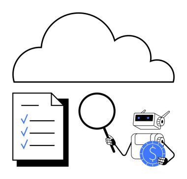 Robot, kontrol listesinin yanında büyüteç ve bozuk para tutuyor. Otomasyon, finans, analitik, bulut hesaplama, denetleme, teknoloji ve veri güvenliğini temsil eder. Kullanılan Fintech Al için ideal