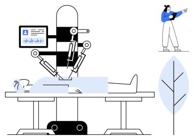 Bir hastayı ameliyat eden robotik cerrahi sistem, tıbbi personel tarafından tabletle izleniyor. Sağlık, teknoloji, yenilik, ameliyat, fütüristik tıp, robotik, basit iniş sayfası için ideal