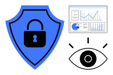 Kilitli mavi kalkan, göz simgesi ve grafikli gösterge paneli, veri güvenliğini, gizlilik korumasını ve analitiği temsil ediyor. Güvenlik, mahremiyet ve veri koruması için ideal