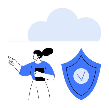 Tablet tutan kadın, üzerinde işaret işareti olan mavi bir kalkanın üstündeki buluta bakıyor. Güvenlik, bulut hesaplama, gizlilik, veri depolama, çevrimiçi hizmetler, teknoloji, basit iniş sayfası için ideal