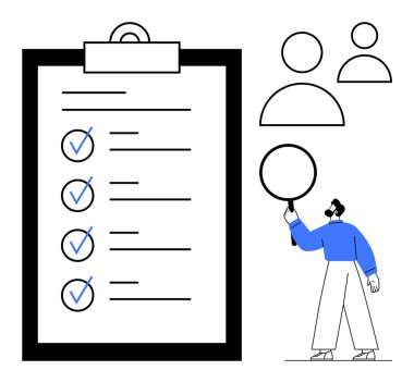 Tamamlanmış görevleri, kullanıcı profili simgeleri ve büyüteçle analiz eden kişi içeren geniş bir kontrol listesi. Üretkenlik, görev yönetimi, takım çalışması, değerlendirme, izleme, strateji ve basit