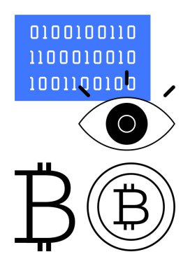 Göz taramaları ikili kodu kalın Bitcoin simgelerinin üzerinde, kripto para birimini, dijital güvenliği, engelleme zincirini, finansal teknolojiyi, veri şifrelemesini, dijital ekonomiyi sembolize ediyor. Gözetleme ve siber için ideal.