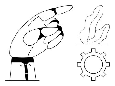 İleriyi gösteren stilize edilmiş el, soyut yaprak gelişimi gösteriyor, teçhizat teknolojiyi temsil ediyor. Rehberlik, yenilik, çevre, ilerleme, takım çalışması, karar veren basit iniş sayfası için ideal