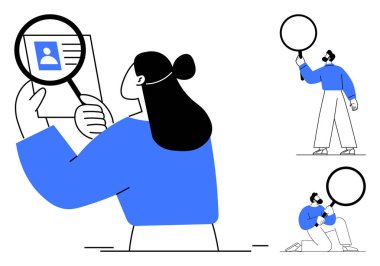 Kadın belgeleri büyüteçle yakından incelerken, diğer ikisi araştırmak için farklı yöntemler kullanıyor. Araştırma, teftiş, değerlendirme, keşif, öğrenme, analiz, basit iniş için ideal