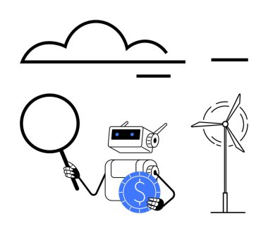 Robot, rüzgar türbininin yanında büyüteç ve dolar bozuk para tutuyor. AI için ideal, yenilenebilir enerji, sürdürülebilirlik, teknoloji, yenilik, araştırma, yeşil ekonomi, düz basit metafor