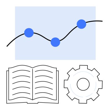 Veri noktaları, açık bir kitap ve vitesli eğri çizgi grafiği. Yenilik, eğitim, analiz, öğrenme, büyüme, araştırma için ideal