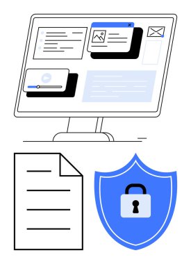 Bilgisayar monitörü dokümanları, kağıt dosyaları, kilit sembollü mavi kalkanı gösteriyor. Siber güvenlik, veri şifreleme, gizlilik, çevrimiçi koruma, güvenli dosya depolama, bilişim koruması dijital için ideal