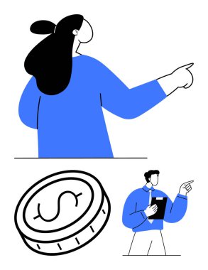 İş kadını ileri görüşlü, maddi konuları vurgulayan madeni para, pano tartışması stratejisi olan adam. Takım işbirliği, mali danışmanlık, yönetim, gelecek planlama ve liderlik için ideal