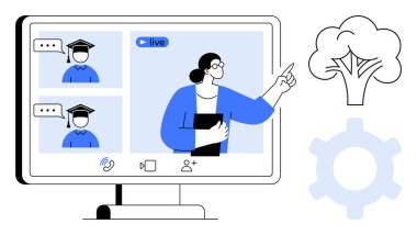 Çevrimiçi öğretmen, canlı video kurulumunda mezuniyet şapkası takan öğrencilerle etkileşime geçiyor. E-öğrenim, uzaklık eğitimi, webinarlar, bilgi paylaşımı, öğretim, sanal işbirliği, düz