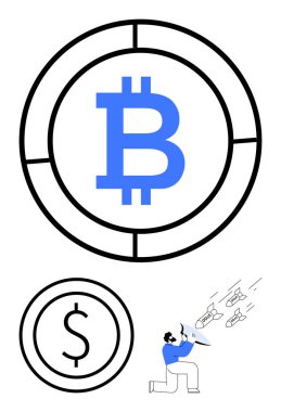 Dairesel sınırda Bitcoin sembolü, dolar simgesi, insan koruma kalkanı, uçan füzeler. Finans, kripto para birimi, güvenlik, engelleme zinciri, dijital para birimi, fintech teknolojisi için ideal basit iniş sayfası
