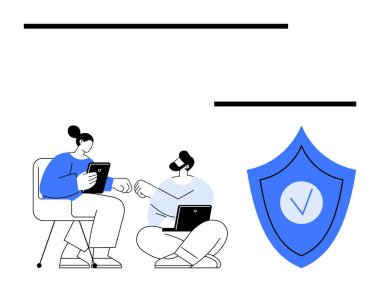 İşbirliği yapmak için dijital cihazlar kullanan iki kişi, güvenlik işaretli kalkan kullanıyorlar. Teknoloji için ideal, siber güvenlik, dijital güven, takım çalışması, uzaktan çalışma, çevrimiçi güvenlik, basit iniş sayfası