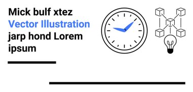 Analog saat, mavi eller, blok zinciri diyagramı ve ampul ile metin elementlerini birleştirdim. İş, teknoloji, yenilik, zaman yönetimi, yaratıcılık, engelleme zinciri basit iniş sayfası için ideal