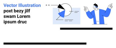Pasta grafiğine geometrik ve metin elemanlarını minimalist tarzda gösteren bir adam. İş konsepti, veri analizi, sunum, istatistik, takım tartışması, eğitim ve basit iniş için ideal