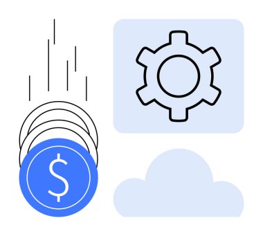 Gelirleri simgeleyen paralar yenilik için vites, teknoloji için bulut yanında düşer. Fintech, iş büyümesi, bulut çözümleri, dijital dönüşüm, teknoloji optimizasyonu, finansal hizmet için ideal