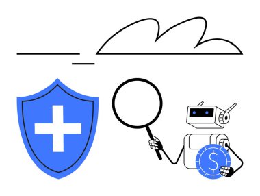 Robot elinde büyüteç ve para tutuyor, kalkan tarafından temsil edilen mali güvenliği denetliyor. Fintech, siber güvenlik, sağlık sigortası, finansal analiz, yapay zeka, veri güvenliği ve risk için ideal