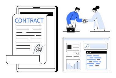 İmzalı sözleşmeyi gösteren tablet, iki profesyonel el sıkışıyor ve veri tabloları ve analizlerle web arayüzü kuruyor. İş için ideal, anlaşmalar, işbirliği, teknoloji, analitik, hizmetler