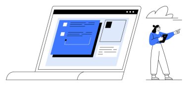 Büyük boy dizüstü bilgisayar ekranı, elinde tablet olan ve ekrana doğru hareket eden bir web sayfası düzenini gösteriyor. Teknoloji, takım çalışması, yaratıcılık, eğitim ve çevrimiçi işbirliği için ideal