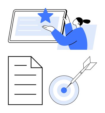 Dijital ekranda yıldıza uzanan kişi görevleri simgeleyen belgeler ve okla hedef alınır. Hedefler, eğitim, üretkenlik, kariyer, ilerleme için ideal, hedefler düz metafor