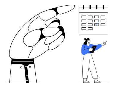 Büyük el işaretli tarihli bir takvimi işaret ediyor. Elinde tablet tutan kadın programı gösteriyor. Planlama, programlama, zaman yönetimi, organizasyon, hatırlatıcılar, mühletler için ideal, basit