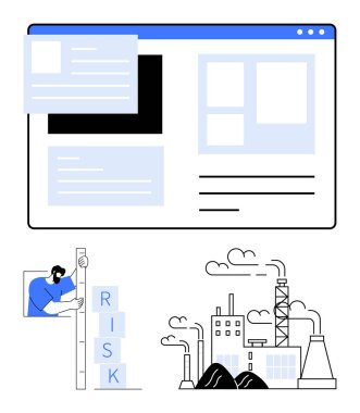 Yüzen kartlı web sitesi, risk blokları istifleyen işçiler, fabrikaları olan sanayi siteleri. Risk analizi, izleme, şirket stratejisi, sürdürülebilirlik, teknoloji, güvenlik için ideal