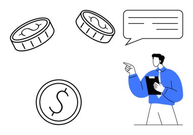 Elinde para ile sohbet baloncuğuna işaret eden bir pano tutan kişi. Finans, eğitim, sunumlar, ekonomi, iletişim, iş danışmanlığı, parasal görüşmeler için idealdir. Düz basit