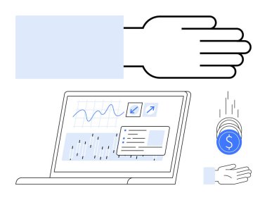 Grafiksel veri ve çizelgelerin olduğu bir dizüstü bilgisayarın yanında para alıyormuş. Finans, yatırım, analitik, fintech, çevrimiçi ödemeler, iş stratejisi ve basit iniş sayfası için ideal