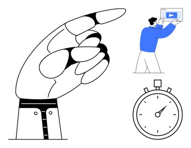 Yukarıya bakan büyük bir el, video ekranı taşıyan bir adam, kronometre zaman yönetimi ve eylemi vurguluyor. Üretkenlik, medya, öncelik, kullanıcı arayüzü, son teslim tarihleri, kılavuzluk sade iniş için ideal