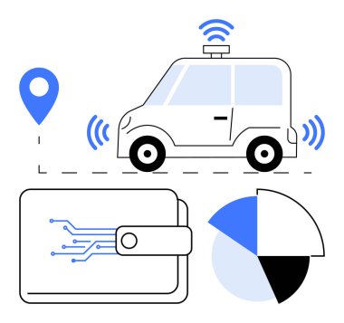 Algılayıcıları ve konum takibi, dijital cüzdan resimleme işlemleri ve pasta grafiği analizleriyle otomatik çalışan bir araba. Teknoloji, finans, ulaşım, yenilik, otomasyon için ideal