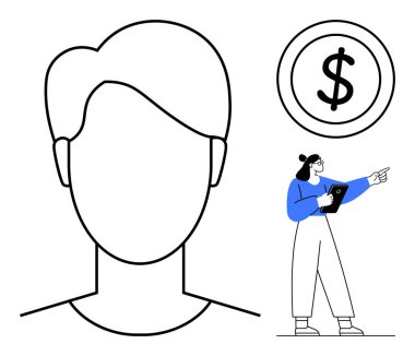 Yüzü olmayan bir insan, dairesel çerçevede dolar işareti elinde pano tutan ve el kol hareketi yapan bir kadın. İş, finans, liderlik, takım çalışması, planlama, pazarlama için ideal