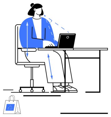 Masada oturan kadın ergonomik hizaya dikkat eden bir dizüstü bilgisayar kullanıyor. Üretkenlik, uzaktan çalışma, ofis kurulumu, sağlık, verimlilik, ergonomik veya basit iniş sayfası için ideal