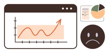 Büyüme çizgisi grafiği, yukarı doğru eğilim, pasta grafiği ve üzgün yüz ikonu. İş analitiği, performans değerlendirmesi, veri analizi, finansal eğilimler, geri bildirim görüşleri, basit piyasa araştırmaları için ideal