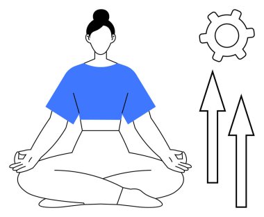 Meditasyon yapan bir kadın, gelişen oklar ve ilerleme, gelişme ve üretkenlik için vites simgesi ile birlikte farkındalığı simgeler. Özbakım, odaklanma, denge, hedef belirleme ve yenilik için ideal