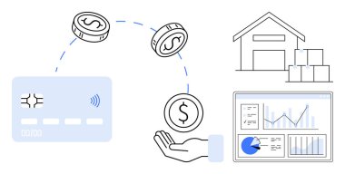 Kredi kartı, madeni para, el, depo ve ödeme süreci, lojistik ve mali durumu gösteren analitik gösterge paneli. E-ticaret ve fintech ticari lojistik çevrimiçi ödemeler için ideal ekonomik