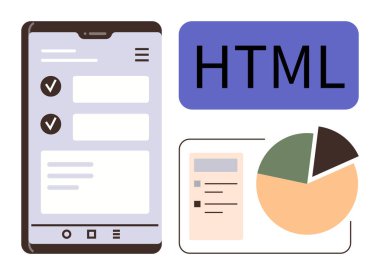 Kontrol listesi ve UI düzenine sahip akıllı telefon ekranı, HTML pankartı, veri içgörüleri için pasta grafiği ve tasarım elemanları oluşturun. Kodlama, tasarım, web geliştirme, istatistik, basit UX teknoloji eğitimi için ideal