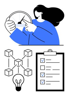 Hız göstergesi, görev kontrol listesi ve dijital ağ küpleri ve ampullerle yapılan yenilikler kontrol ediliyor. Üretkenlik, yenilik, proje planlaması, takım yönetimi, iş stratejisi için ideal