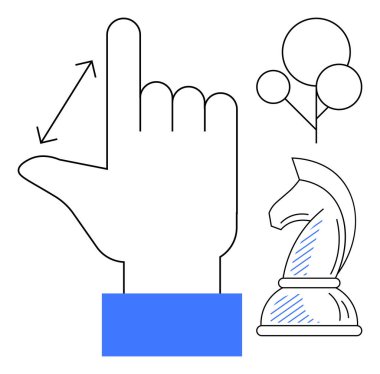 Ok, soyut balonlar ve satranç şövalyesi hatlarıyla el ölçümü hareketleri. Strateji, ölçüm, yaratıcılık, problem çözme, iletişim hassasiyeti kutlamaları için ideal. Düz