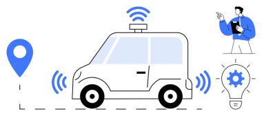 Kablosuz sinyaller, navigasyon pimi ve donanımlı ampul yayan otonom bir araç. Teknoloji, yenilik, GPS, otomasyon, yapay zeka sistemleri, ulaşım modern kavramlar için idealdir. Düz basit