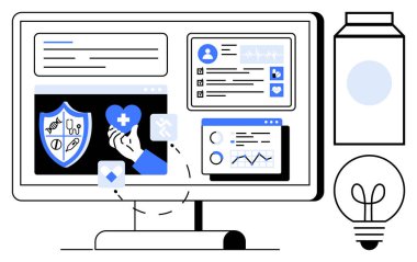 Tıbbi kayıtları, sağlık kalkanını, verileri, çizelgeleri ve kullanıcı profillerini gösteren bir bilgisayar. Sağlık, teletıp, analitik yenilik, sağlık, dijital çözümler eğitimi için idealdir. Düz basit
