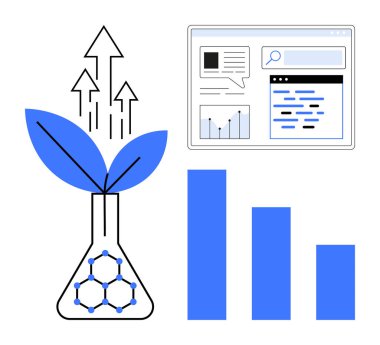 Oklarla dolu şişeden filizlenen bitki. Bar tablosu ve tarayıcı arayüzü ekranı. Yenilik için ideal, sürdürülebilirlik, araştırma, teknoloji, büyüme, analitik, basit iniş sayfası
